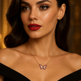 Sterling Silver and Gold Plated Red Pink Diamonds Butterfly Necklace