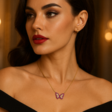 Sterling Silver and Gold Plated Red Pink Diamonds Butterfly Necklace