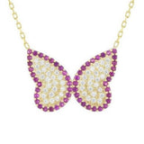 Sterling Silver and Gold Plated Red Pink Diamonds Butterfly Necklace