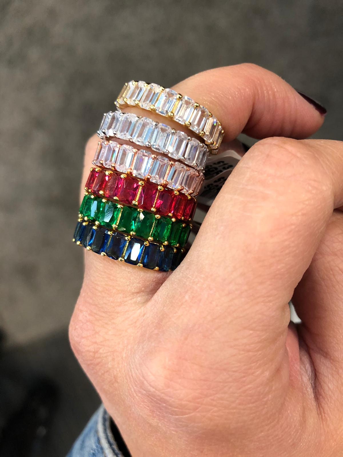 Emerald cut ring. Anniversary ring. Wedding band. Green Sterling Silver and 14K Gold Plated Baguette Style Eternity Band/ Ring