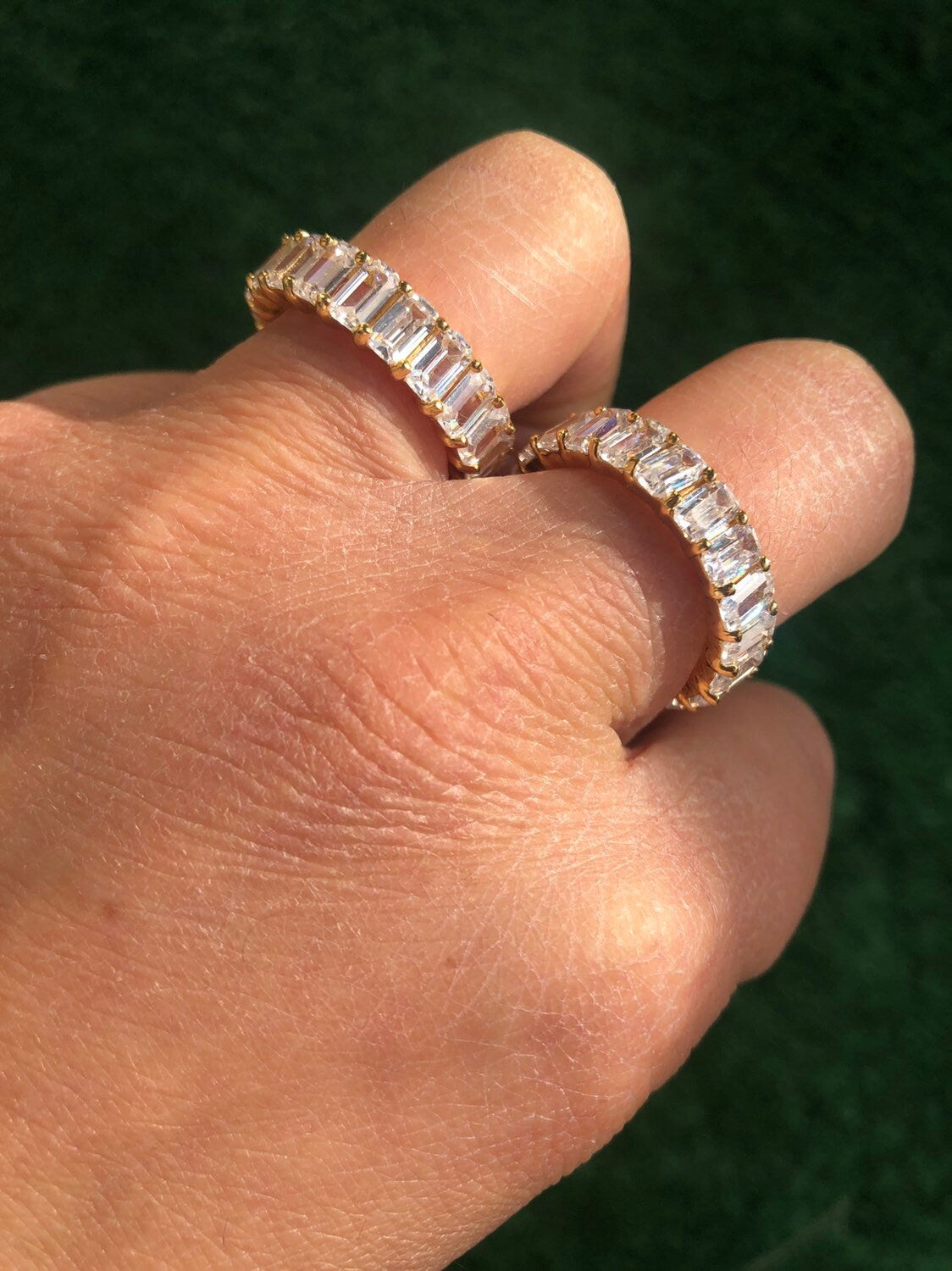 Emerald cut band. Sterling Silver and 14K Gold Plated Baguette Style Eternity Band Ring with Clear Stones. Emerald cut eternity band.