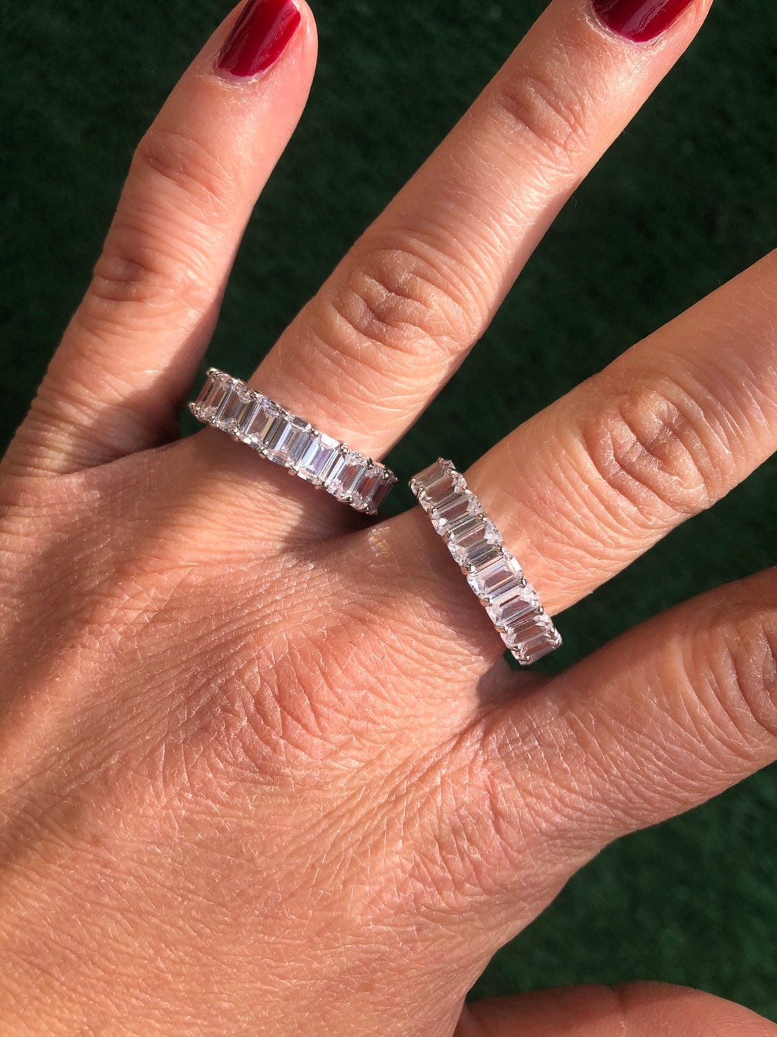 Emerald cut band. Wedding ring. Anniversary gift. Sterling Silver White Gold Plated Baguette Style Eternity Band Ring with Clear Stones
