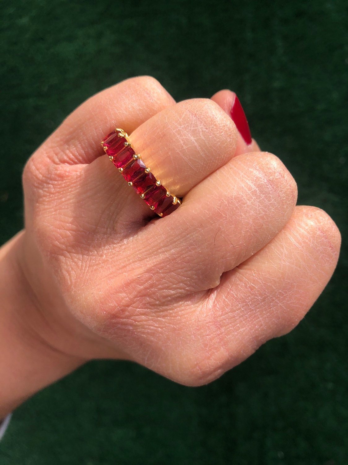 Emerald cut eternity band. Wedding band. Anniversary ring. Red Sterling Silver Baguette Style Eternity Band Ring Gold Plated