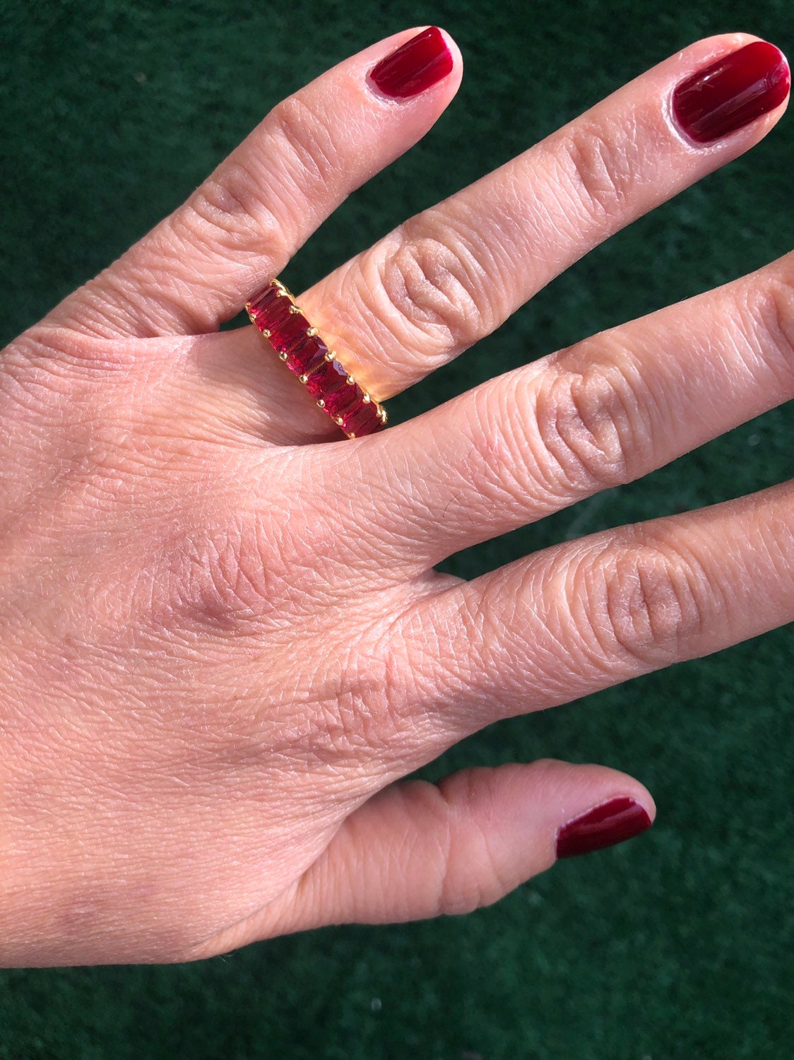 Emerald cut eternity band. Wedding band. Anniversary ring. Red Sterling Silver Baguette Style Eternity Band Ring Gold Plated