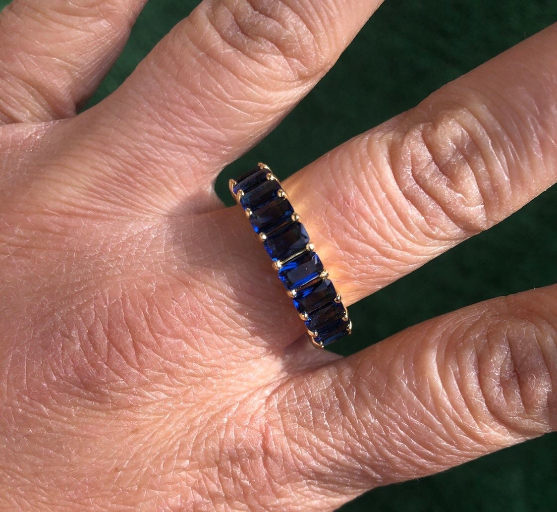 Emerald cut eternity band. Blue Sterling silver and 14K Gold Plated Baguette Style Eternity Band/Ring in Gold. Wedding ring. Anniversary gif