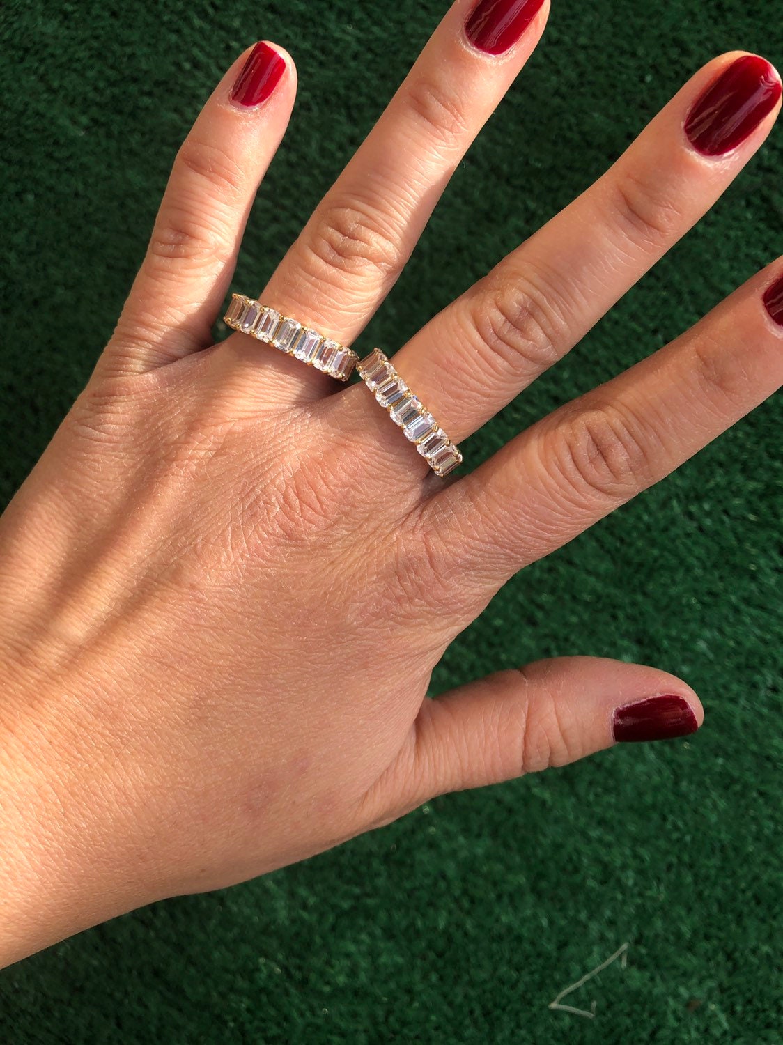 Emerald cut band. Sterling Silver and 14K Gold Plated Baguette Style Eternity Band Ring with Clear Stones. Emerald cut eternity band.