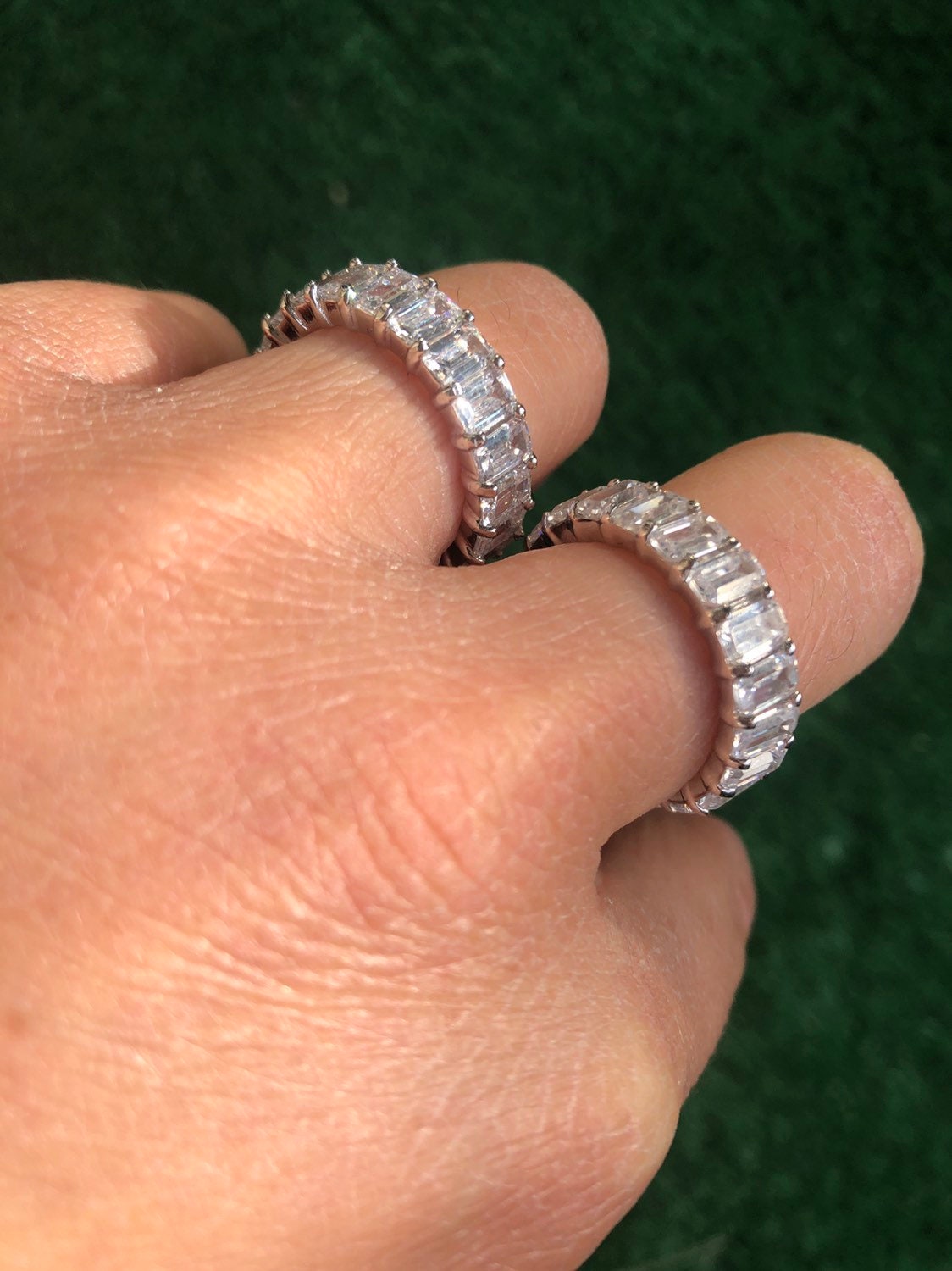 Emerald cut band. Wedding ring. Anniversary gift. Sterling Silver White Gold Plated Baguette Style Eternity Band Ring with Clear Stones