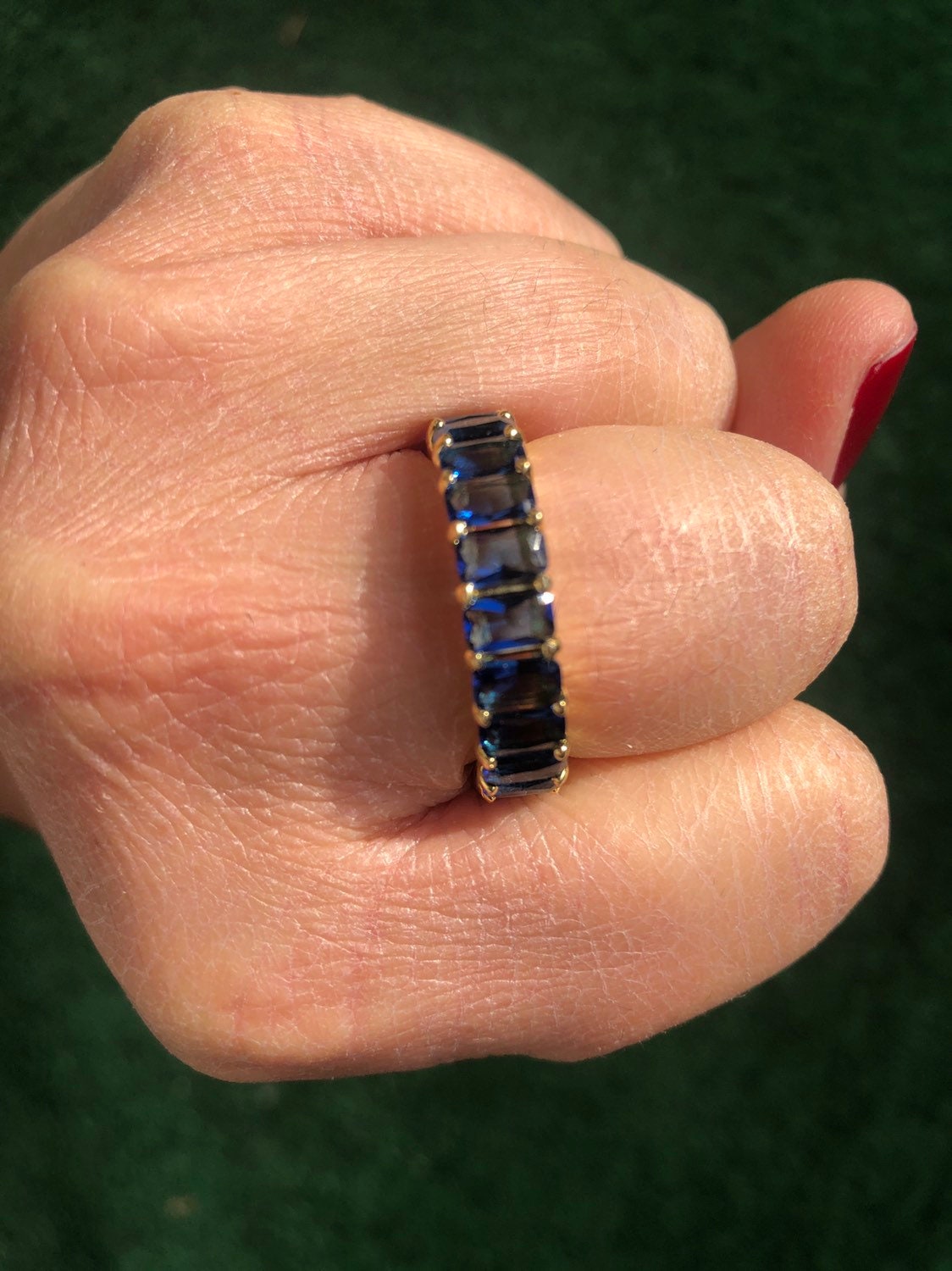 Emerald cut eternity band. Blue Sterling silver and 14K Gold Plated Baguette Style Eternity Band/Ring in Gold. Wedding ring. Anniversary gif
