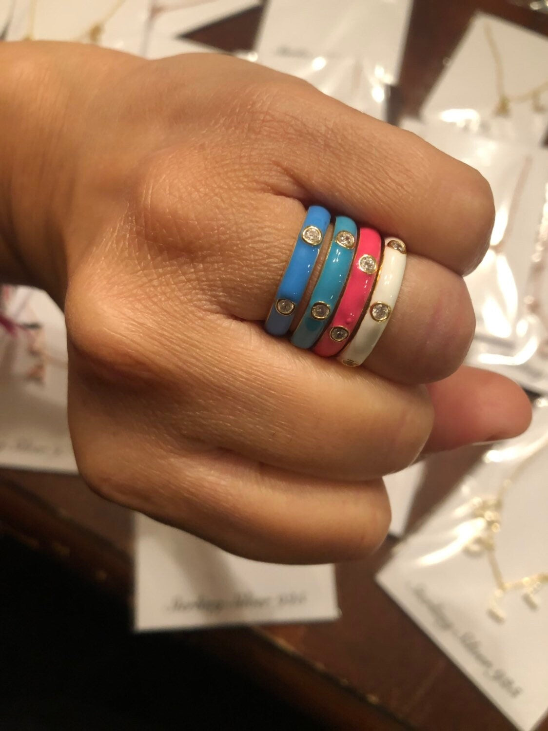 Colorful Enamel Rings and Bands in Sterling Silver gold plated (as pictured) | rainbow enamel ring | enamel stack ring