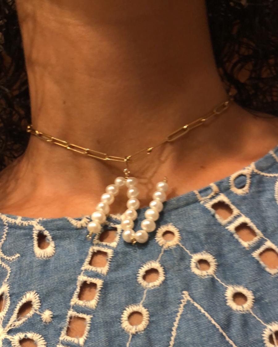 Pearl letters initial charm l initial necklace charm l sterling silver gold plated