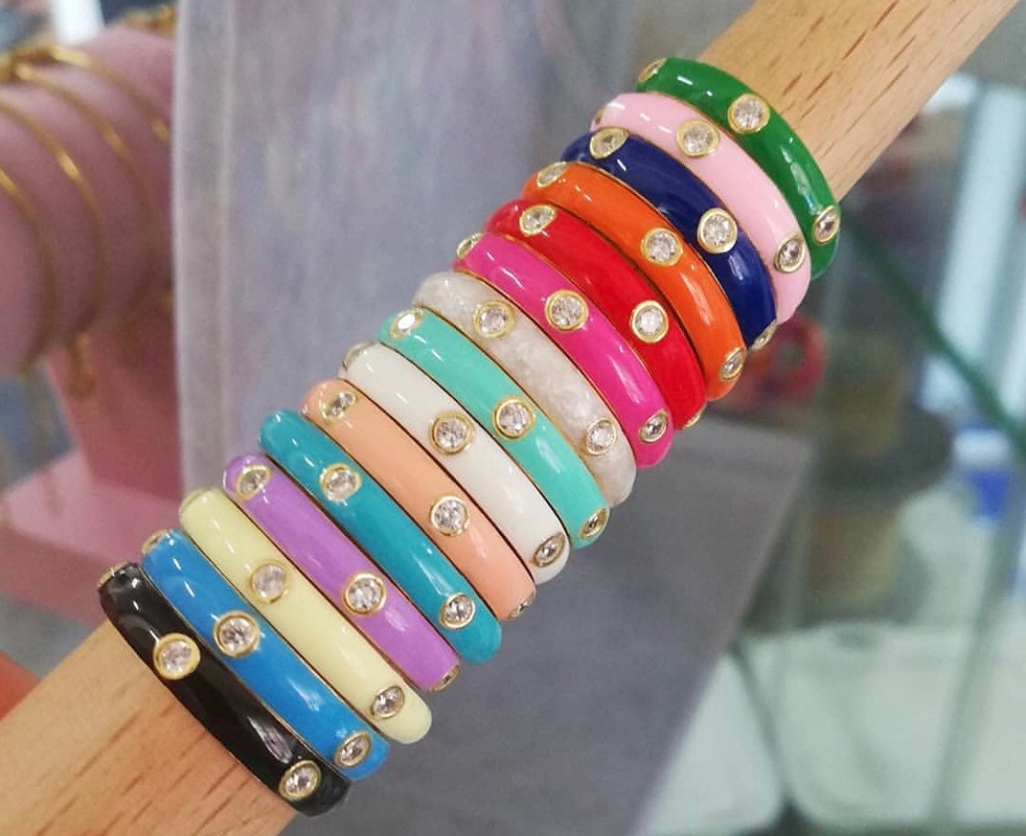 Colorful Enamel Rings and Bands in Sterling Silver gold plated (as pictured) | rainbow enamel ring | Alyssa enamel stack ring