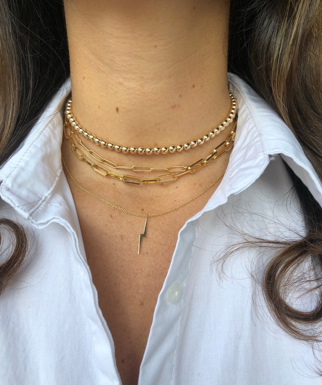 14k Gold Filled Paper Clip chains in small and medium size. Gold filled 5mm gold beaded bead choker.