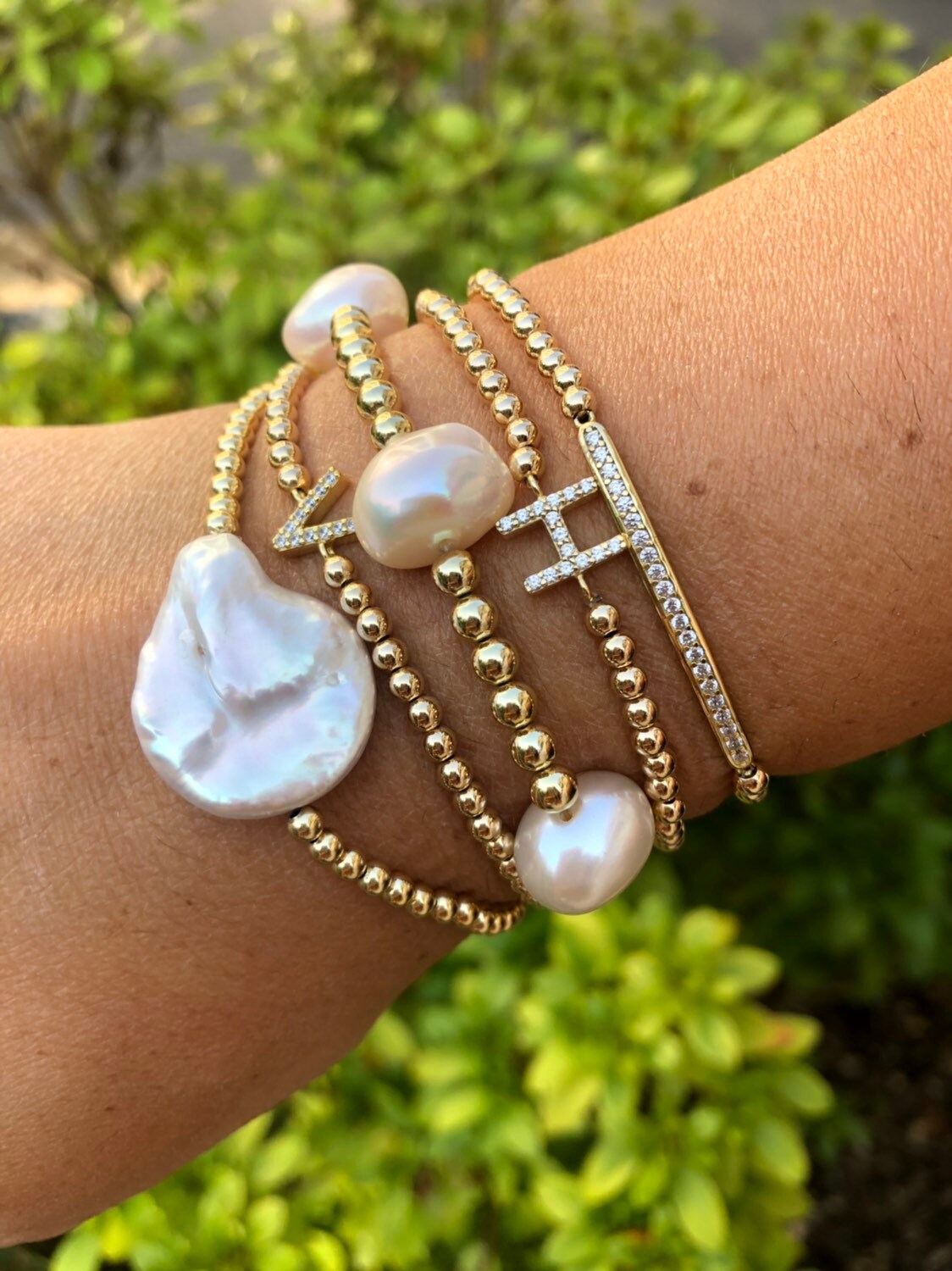 14k Gold filled initial beaded ball bracelets. Gold filled beaded bracelets. Gold bead initial bracelets.
