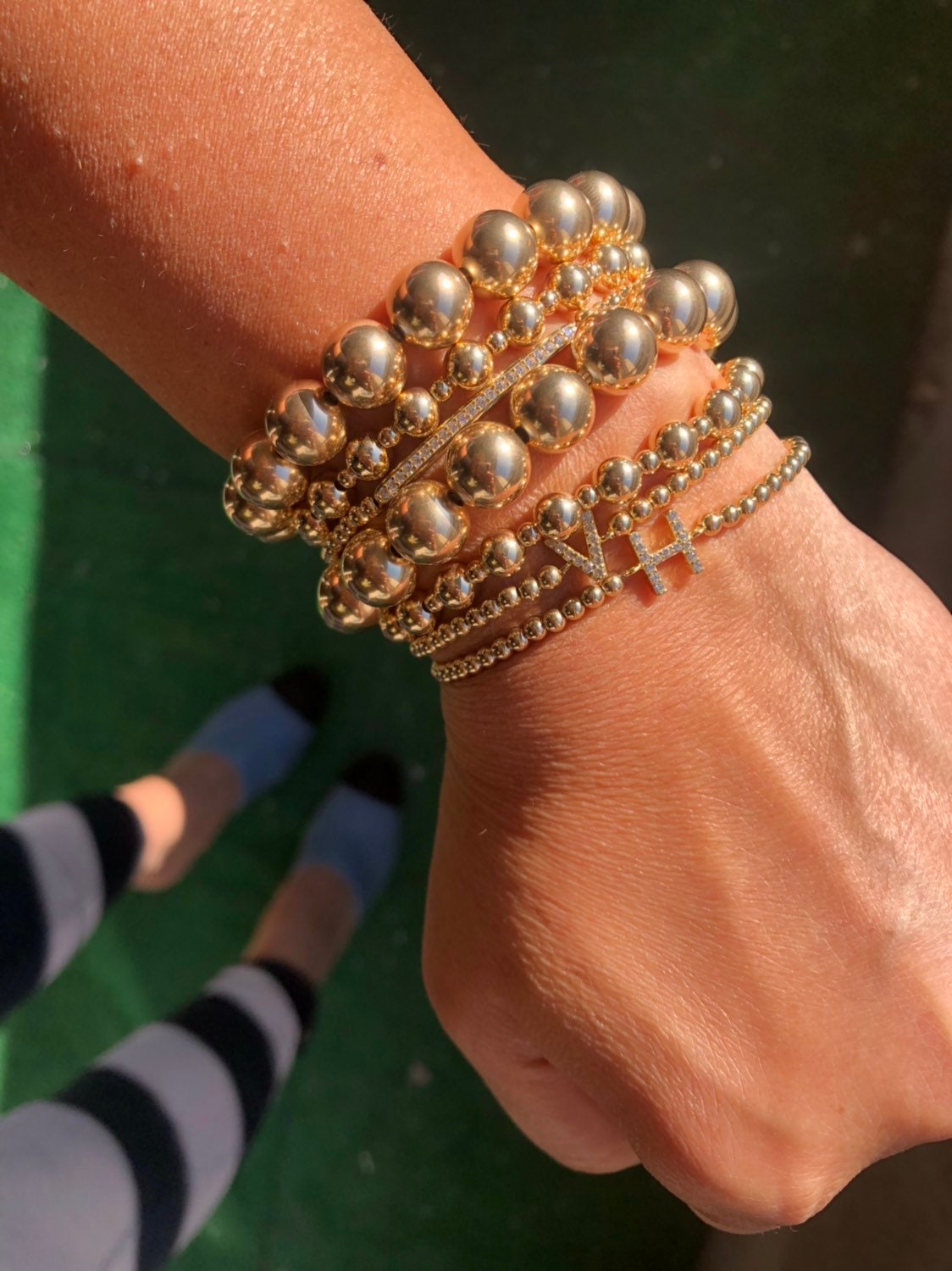 14k Gold filled initial beaded ball bracelets. Gold filled beaded bracelets. Gold bead initial bracelets.