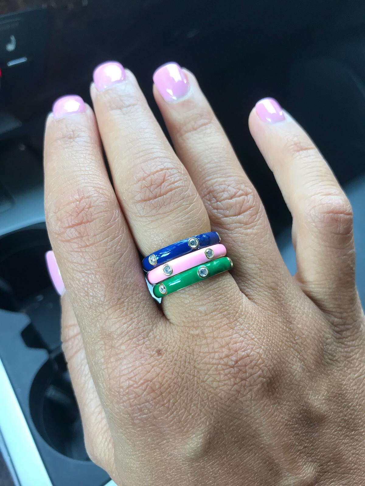 Colorful Enamel Rings and Bands in Sterling Silver gold plated (as pictured) | rainbow enamel ring | enamel stack ring