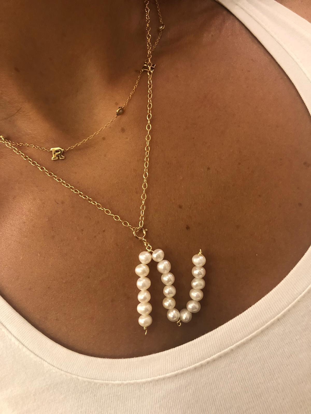 Pearl letters initial charm l initial necklace charm l sterling silver gold plated