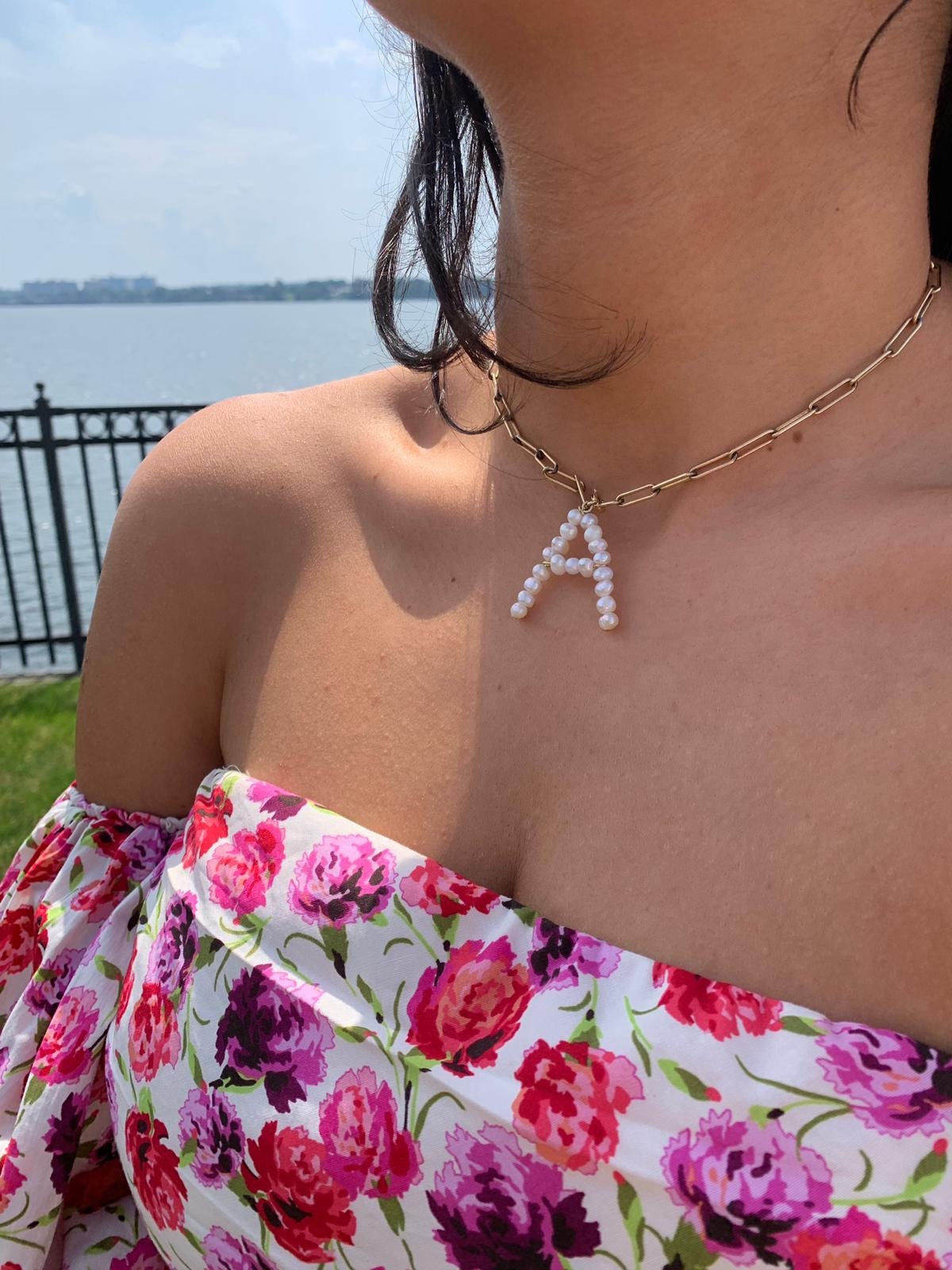Pearl letters initial charm l initial necklace charm l sterling silver gold plated