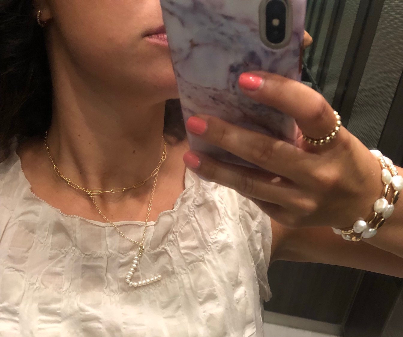 Pearl letters initial charm l initial necklace charm l sterling silver gold plated
