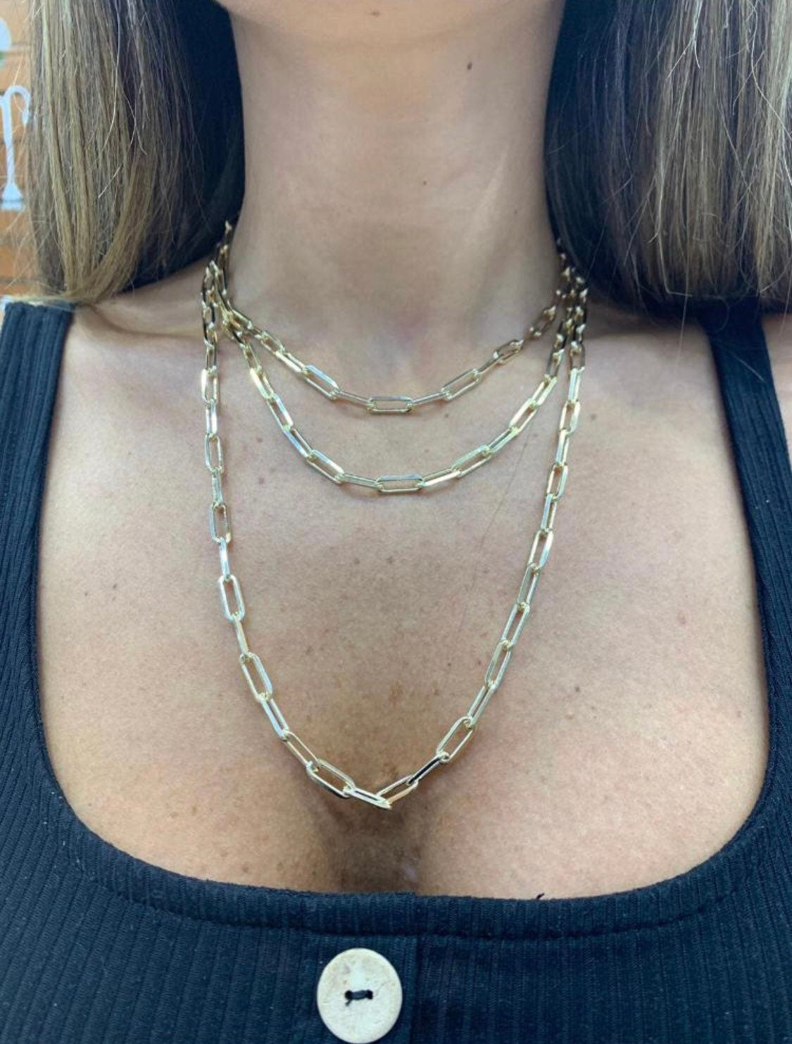 18K New chunky gold filled paper clip chain necklaces. Gold long link Chain necklaces. Long link chain choker. Paper clip necklace.