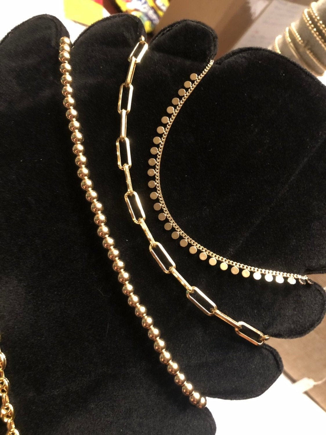 14k Gold Filled Paper Clip chains in small and medium size. Gold filled 5mm gold beaded bead choker.