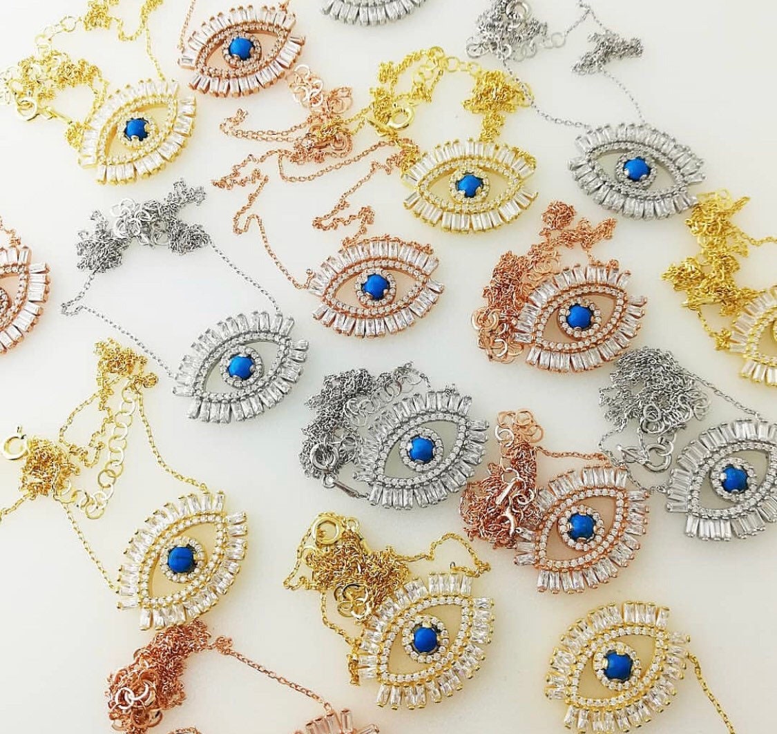 Evil eye baguette necklace in sterling silver. Colors: gold, rose gold and silver. Evil eye rainbow necklace. Khamsa necklace.
