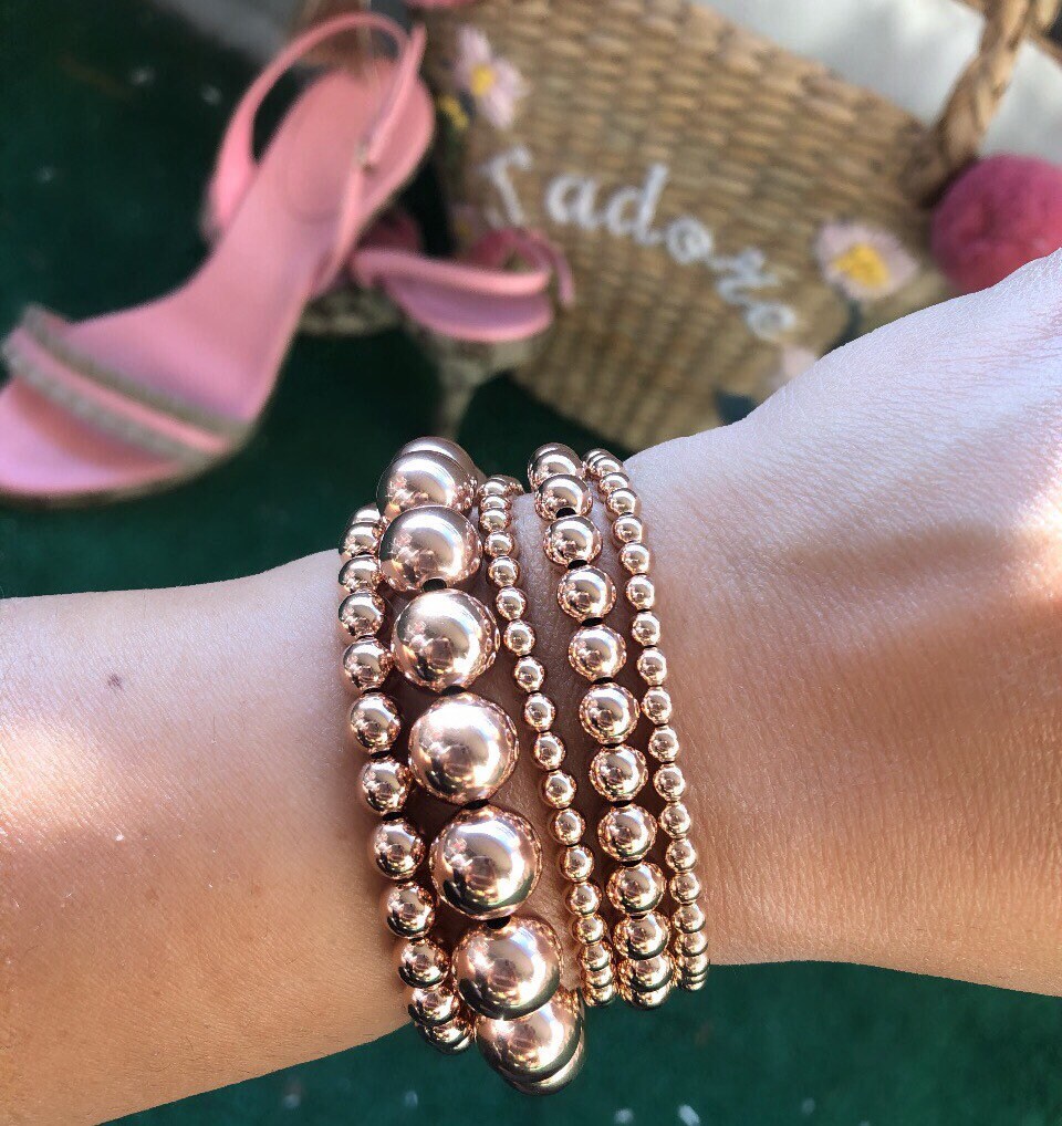 14k Gold filled bead ball bracelets in rose gold and yellow gold. Make the perfect stack! Wont tarnish! Gold filled Ball bracelets.