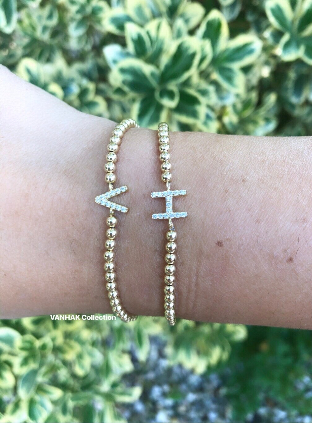 14k Gold filled initial beaded ball bracelets. Gold filled beaded bracelets. Gold bead initial bracelets.