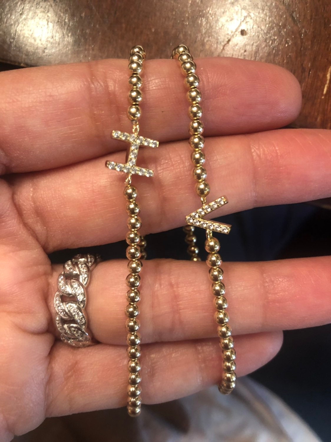 14k Gold filled initial beaded ball bracelets. Gold filled beaded bracelets. Gold bead initial bracelets.