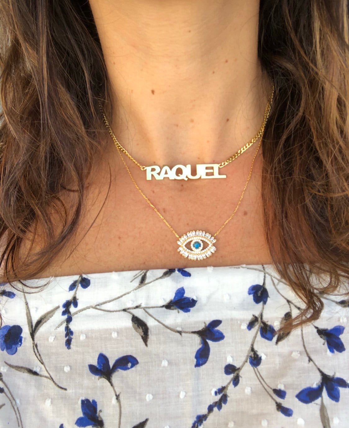 Evil eye baguette necklace in sterling silver. Colors: gold, rose gold and silver. Evil eye rainbow necklace. Khamsa necklace.