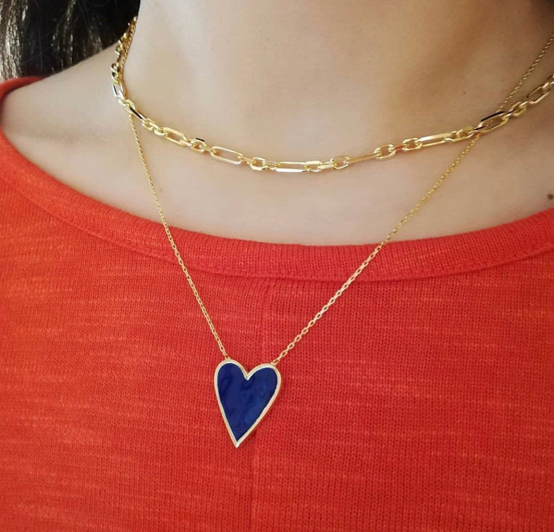 Sterling silver and gold plated heart enamel necklace. Enamel heart necklace. Enamel heart choker.