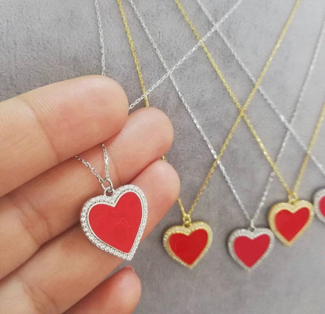Sterling silver and gold plated heart enamel necklace with pave border