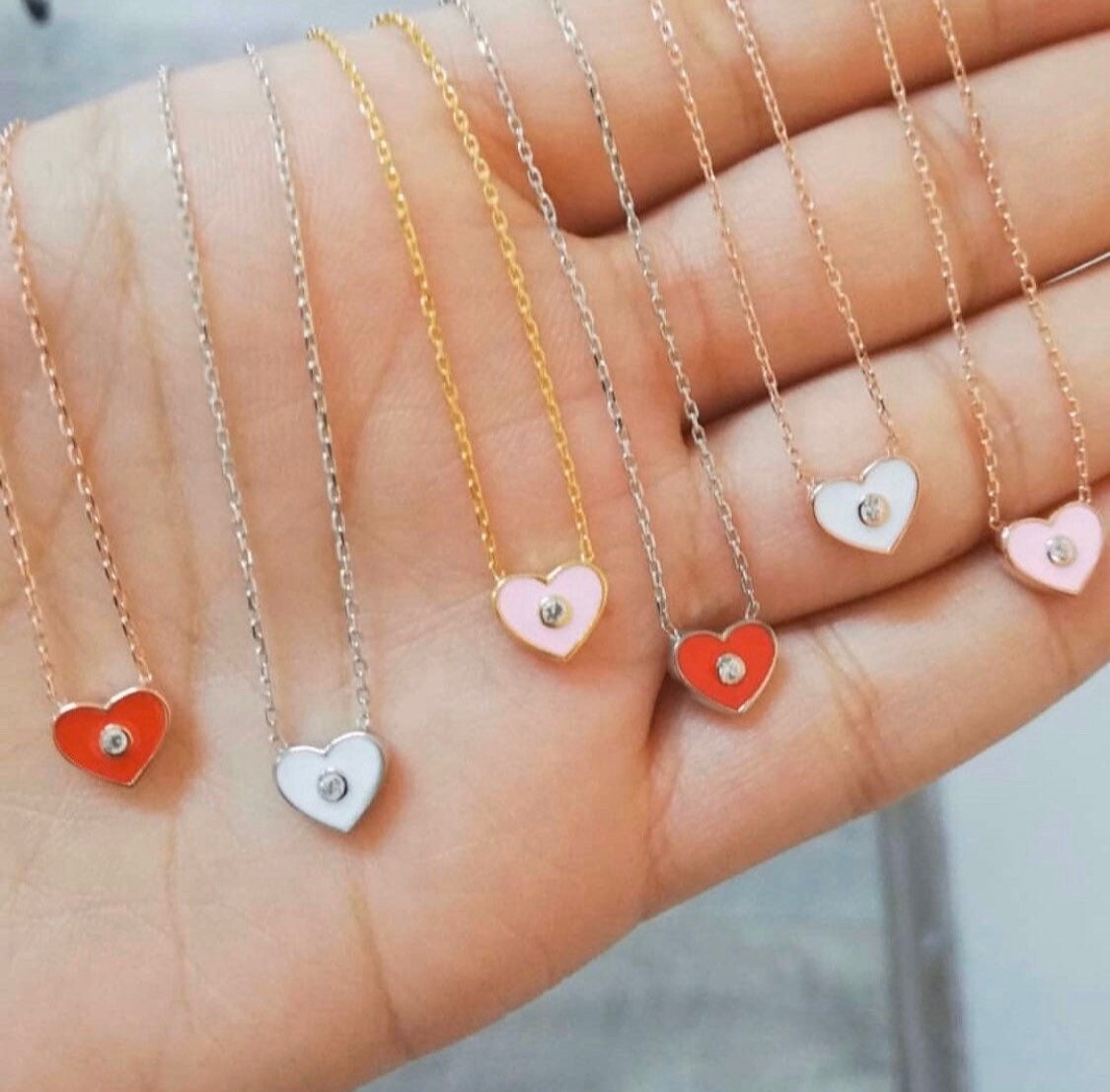 Mini enamel diamond stud necklaces in red, pink and white. Sterling silver gold plated.