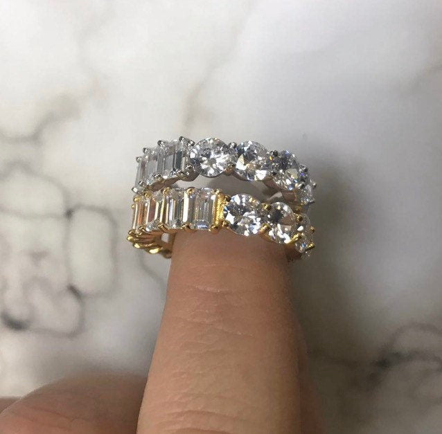 Half band eternity band/ ring. Half baguette/ half round eternity ring. Sterling silver and rhodium/gold plated sizes 5-9