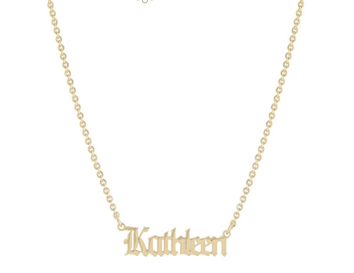 Personalized custom name choker necklace sterling silver and gold plated. Old English/gothic font nameplate