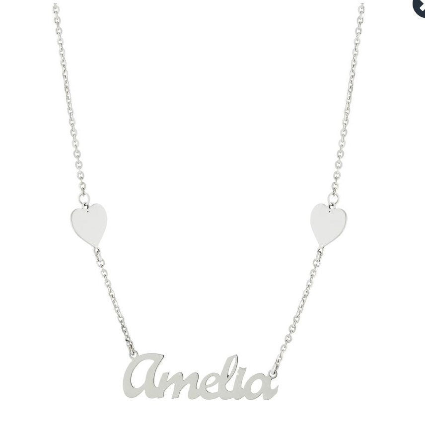Custom / personalized name necklace with hearts. Sterling silver and 14K gold plated. Nameplate with hearts. Personalized nameplate.