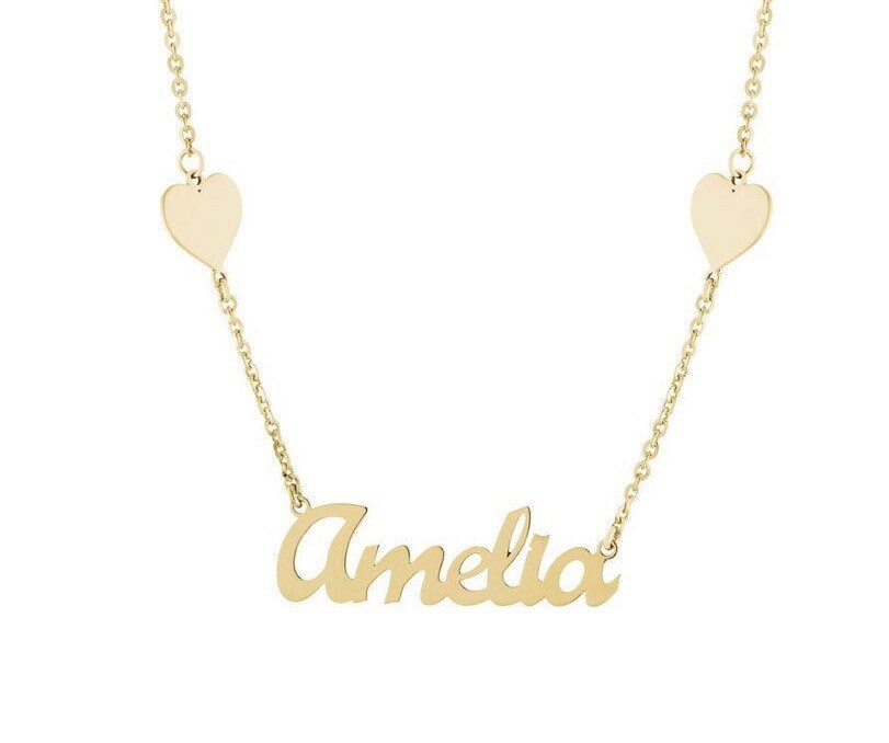Custom / personalized name necklace with hearts. Sterling silver and 14K gold plated. Nameplate with hearts. Personalized nameplate.
