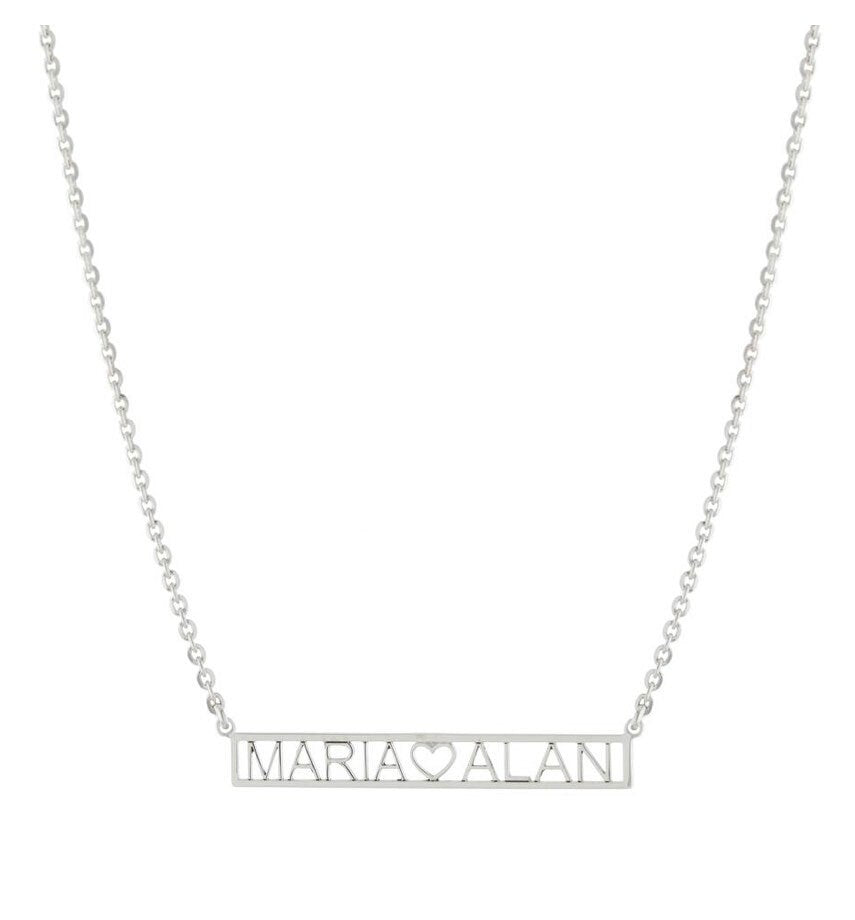 Couples bar necklace. Name (heart) name. Sterling silver and 14k gold plated. Initial nameplate. Personalized nameplate.