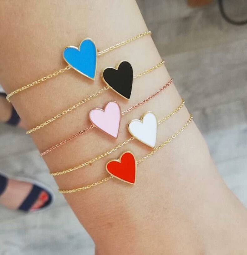 Sterling silver and gold plated heart enamel bracelet. Enamel heart bracelet.