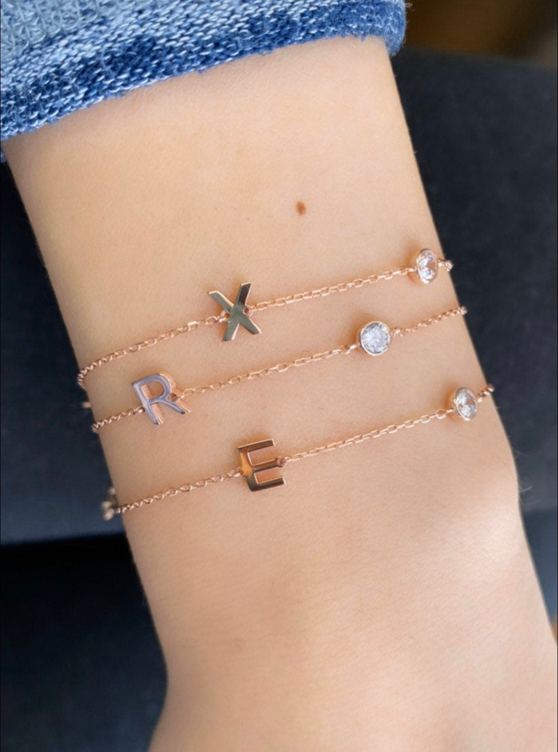 Sterling silver and gold plated CZ initial bracelets. Letter bracelets. Personalized bracelets. Hebrew initial bracelet. Custom bracelet.