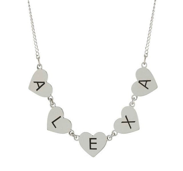 Hearts name necklace. Hearts letters / initials necklace. Sterling silver and 14K gold plated. Gold or silver.