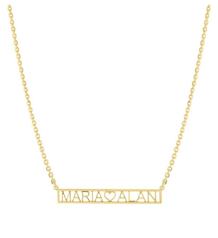 Couples bar necklace. Name (heart) name. Sterling silver and 14k gold plated. Initial nameplate. Personalized nameplate.