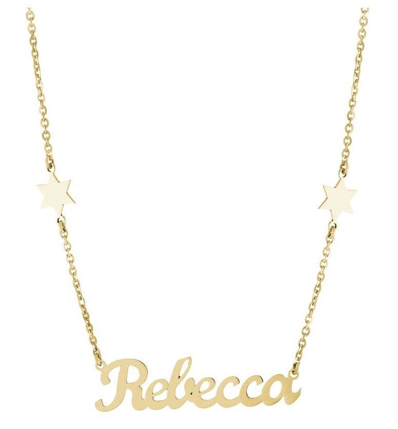 Custom / personalized name necklace with jewish stars. Sterling silver and 14K gold plated star of david nameplate necklace.