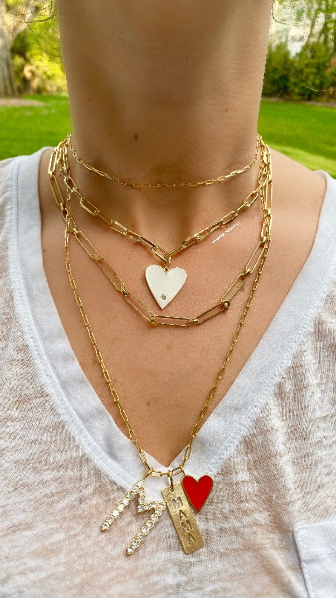 18K medium gold filled paper clip chain necklaces with jumbo enamel heart. Chain necklaces with charm. Gold-filled charm necklace