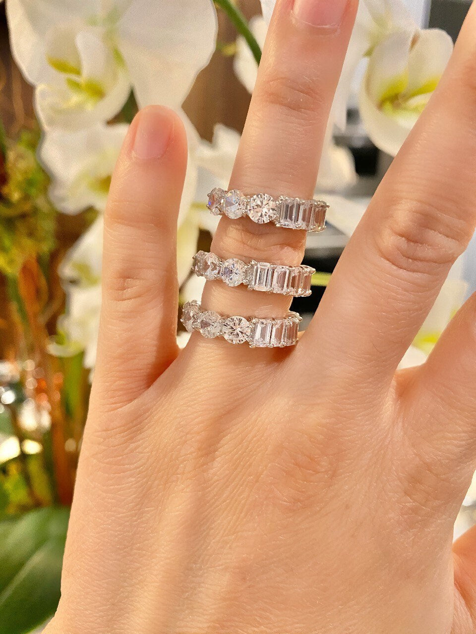 Half band eternity band/ ring. Baguette/round band eternity ring. Sterling silver and rhodium/gold plated sizes 5-9