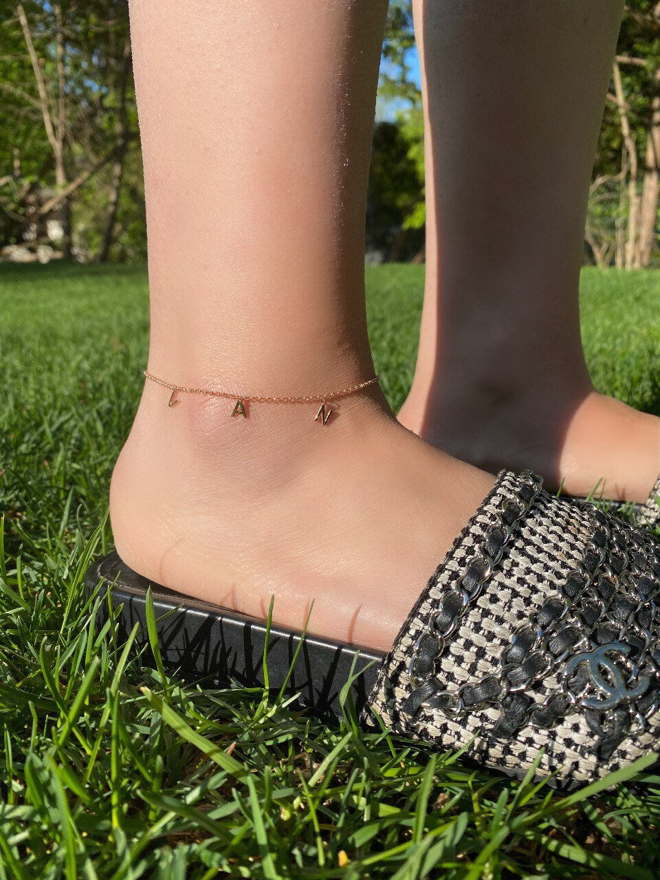 Sterling silver and gold plated dainty personalized anklet. Custom anklet.