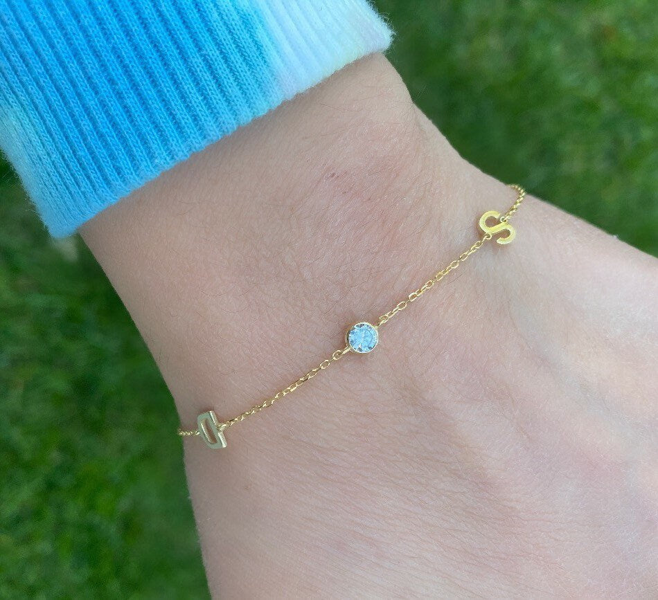 Sterling silver and gold plated CZ two initial bezel bracelets. 2 Letter bracelets. Personalized bracelets.