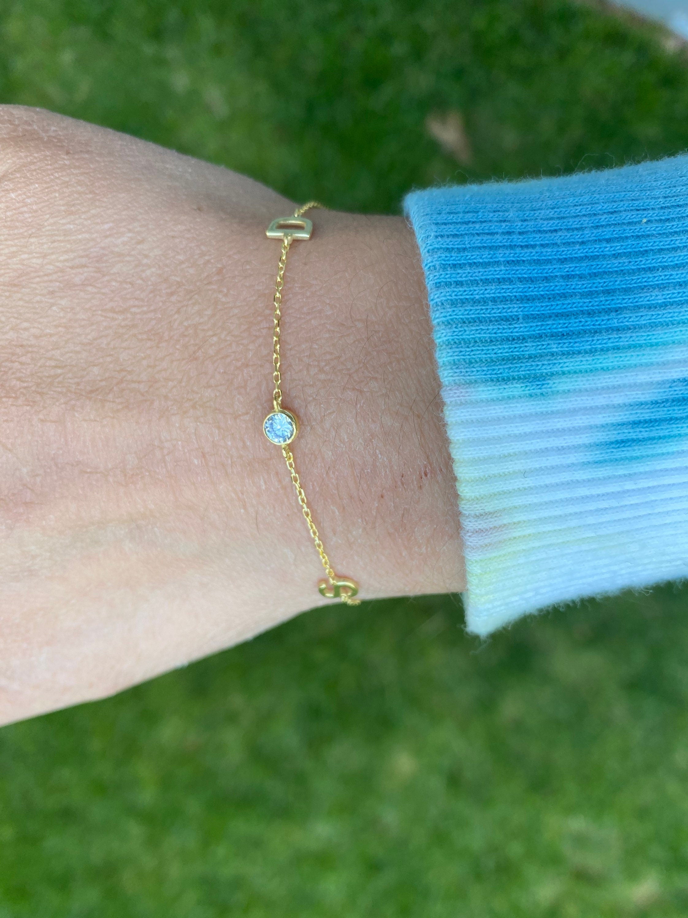 Sterling silver and gold plated CZ two initial bezel bracelets. 2 Letter bracelets. Personalized bracelets.