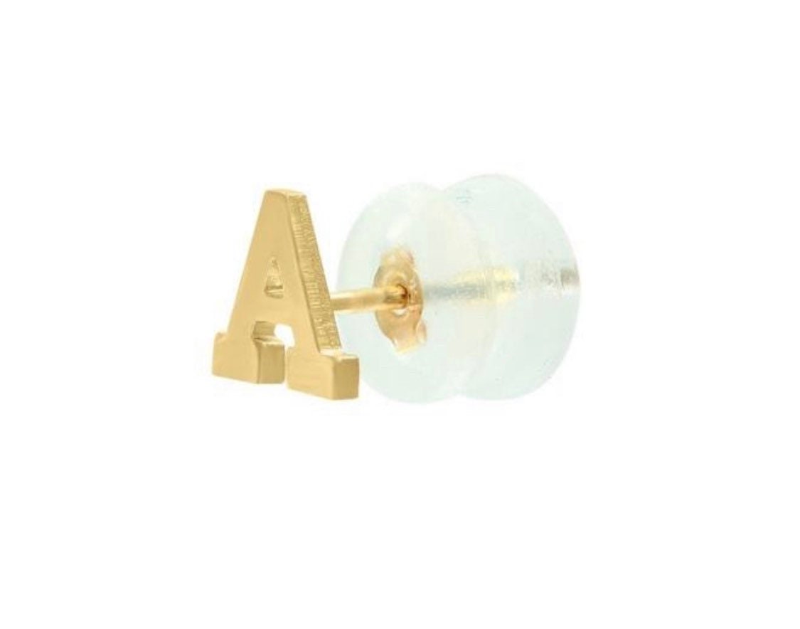 14K solid gold initial/letter earrings with Rubber backs for comfort. super comfortable.