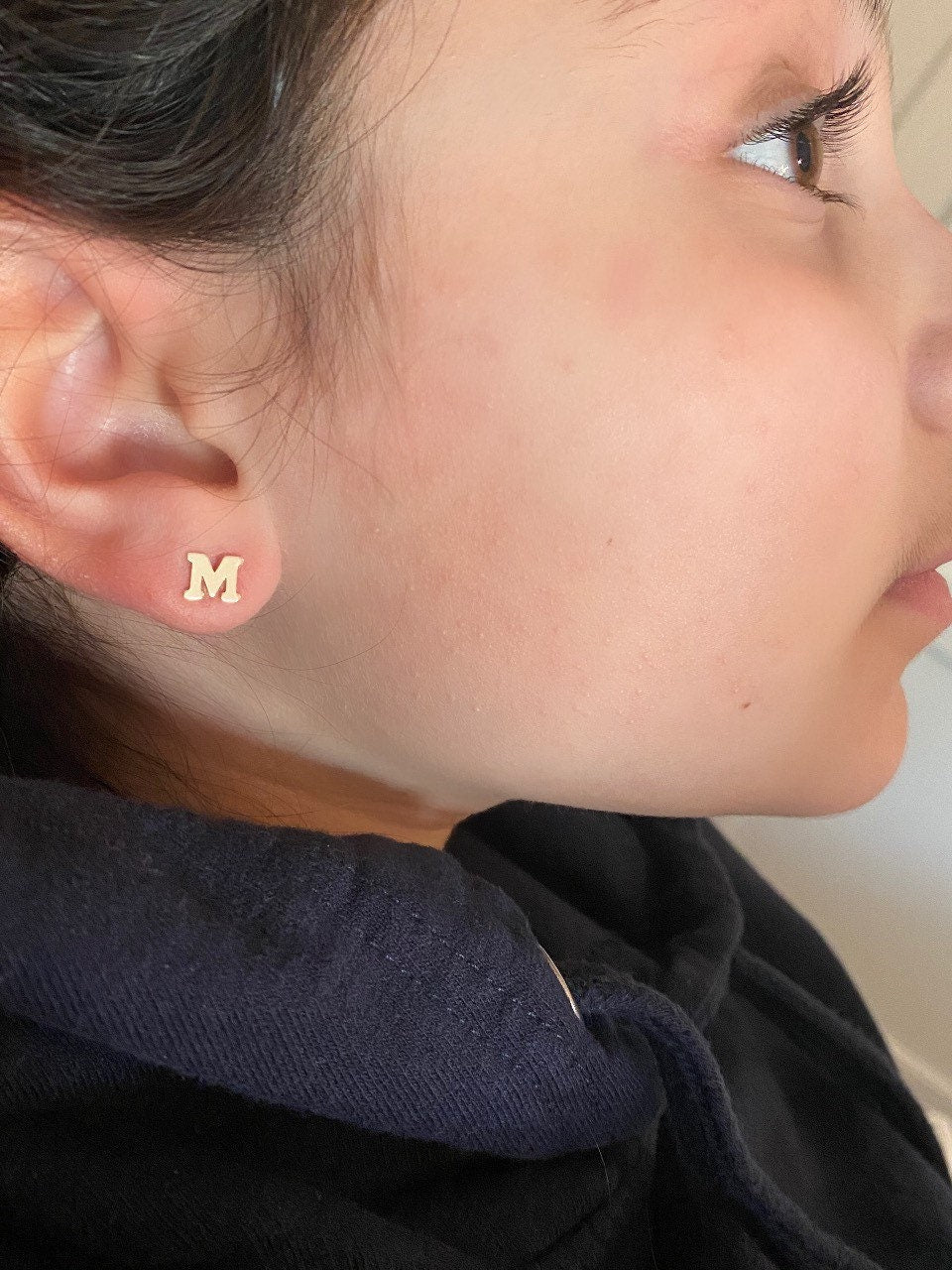 14K solid gold initial/letter earrings with Rubber backs for comfort. super comfortable.
