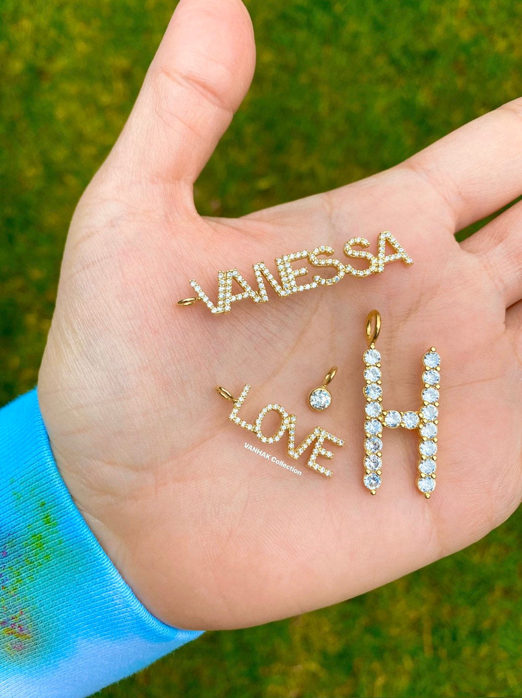 As seen on Kyle Richards, Kathy Hilton and Teddi Mellencamp. Personalized Pave Name Charms. Diamond Charms. CZ charms. Custom name charms.